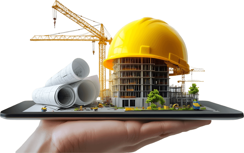 Tablet demonstrating smart construction planning and 3D architectural rendering