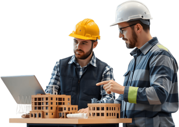 Two professional construction engineers wearing yellow safety hardhats collaborating over building blue-print models