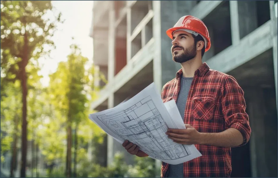 Construction professional/architect wearing protective gear collaborating and reviewing blueprint specifications on layout plan in a high-fidelity work environment